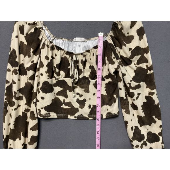 Altar’d States Crop Top Womens Small Brown Ivory Cow Print Long Sleeve Boho Y2K - Picture 3 of 8